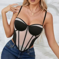 Women Mesh Hollow Fishbone Backless Sexy Strapless Contrast Color Top -Women Fashion Shop 83adf9a94bcd8eef