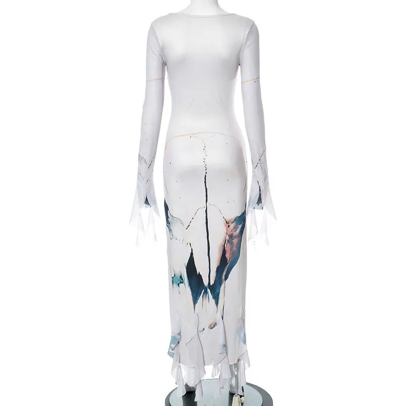 Women's Autumn Fashion Casual Printed Long Sleeve Round Neck Flowing Sleeve Hem Sexy Dress 7 Women's Autumn Fashion Casual Printed Long Sleeve Round Neck Flowing Sleeve Hem Sexy Dress - Image 5