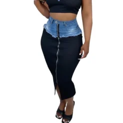 Women'S Casual Fashion Style Patchwork Tassel Denim Slit Skirt -Women Fashion Shop 850cf4e7332a4ada