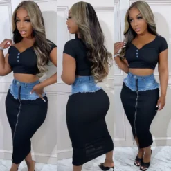 Women'S Casual Fashion Style Patchwork Tassel Denim Slit Skirt -Women Fashion Shop 8533f7d1c18f1472