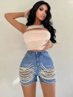 Women's Summer High Waist Slim Fit Beaded Ripped Denim Shorts -Women Fashion Shop 856cf6608cefbfa5