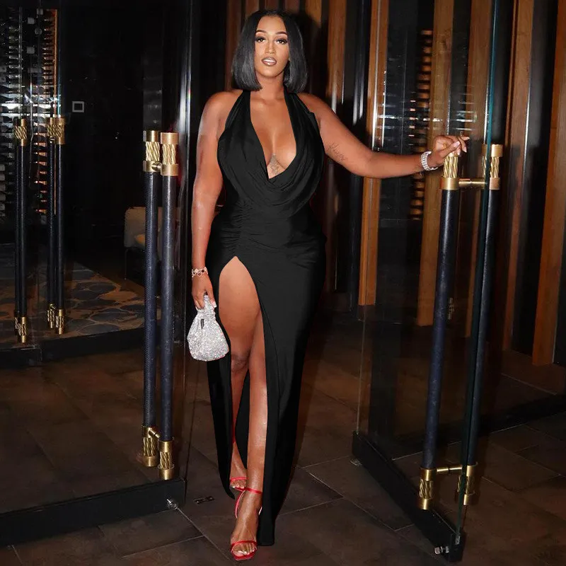 Women Sexy V Neck Halter Neck Backless Slit Bodycon Dress 19 Women Sexy V Neck Halter Neck Backless Slit Bodycon Dress - Image 17