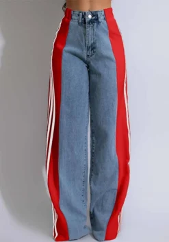 Summer Fashion Patchwork Three Stripes Wide Leg Denim Pants Women's Casual High Waist Stretch Straight Jeans -Women Fashion Shop 8750c946d1ab3352