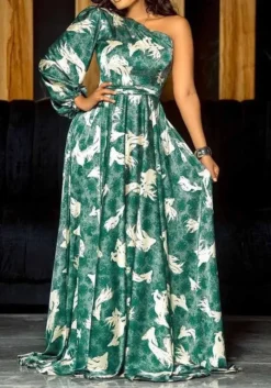 Women's Fall Slash Shoulder Long Sleeve Print Plump Maxi Dress Dress -Women Fashion Shop 8756d5a2bd9296ca