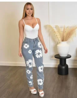 Women's Casual High Waisted Light Blue Printed Denim Pants -Women Fashion Shop 8855c075ffa731f6