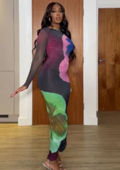 Women Spring Sexy Print Round Neck Bodycon Dress -Women Fashion Shop 8872e2aa73da56bc