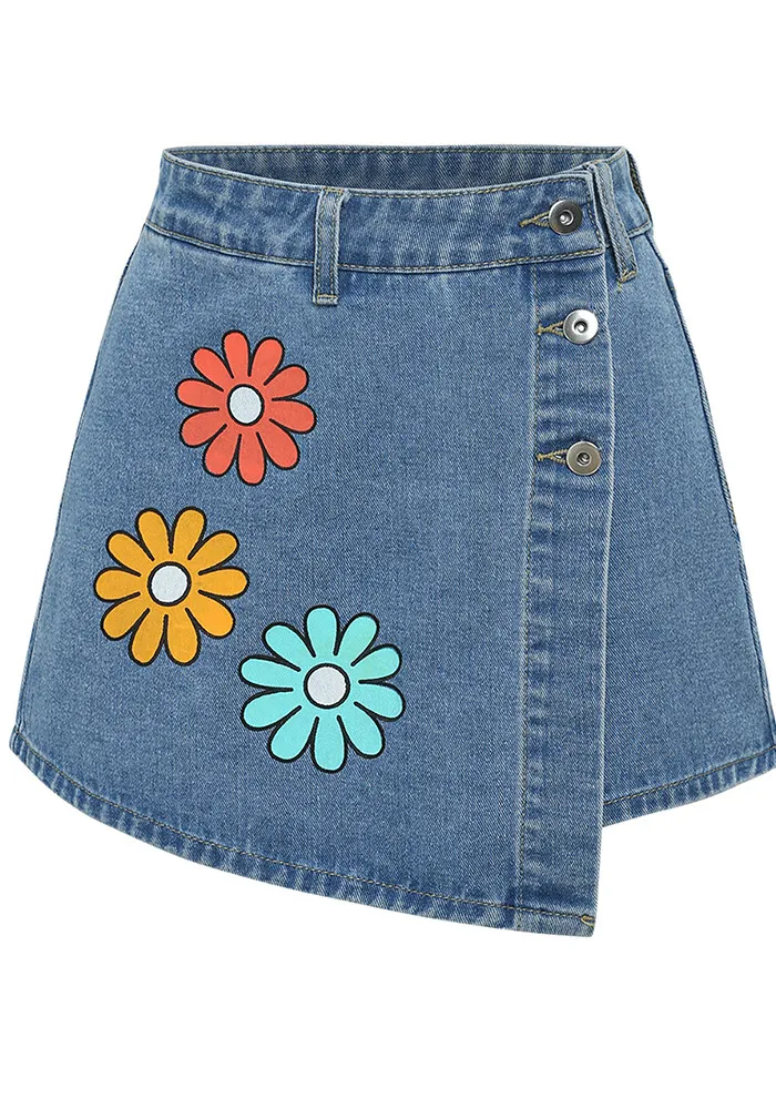 Women Multi-Color Floral Print Asymmetric Denim Skirt 5 Women Multi-Color Floral Print Asymmetric Denim Skirt - Image 3