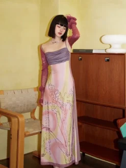Summer Ink Painting Print Strap Long Dress -Women Fashion Shop 8aab0ee2e3aef895