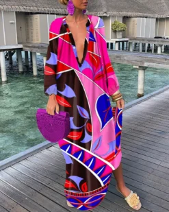 Women Printed V-Neck Long Sleeve Long Dress -Women Fashion Shop 8ab2c289c020f158
