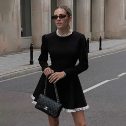Chic Slim Contrast Color Ruffle Edge Long Sleeve A-Line Black Dress -Women Fashion Shop 8ae0185e32f30801