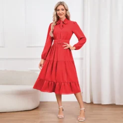 Elegant Slim Chic Tie Collar A-Line Casual Dress -Women Fashion Shop 8c4a3f2f144ef4e9