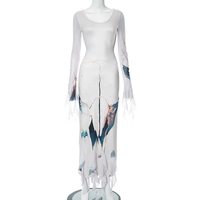 Women's Autumn Fashion Casual Printed Long Sleeve Round Neck Flowing Sleeve Hem Sexy Dress 4 Women's Autumn Fashion Casual Printed Long Sleeve Round Neck Flowing Sleeve Hem Sexy Dress - Image 2