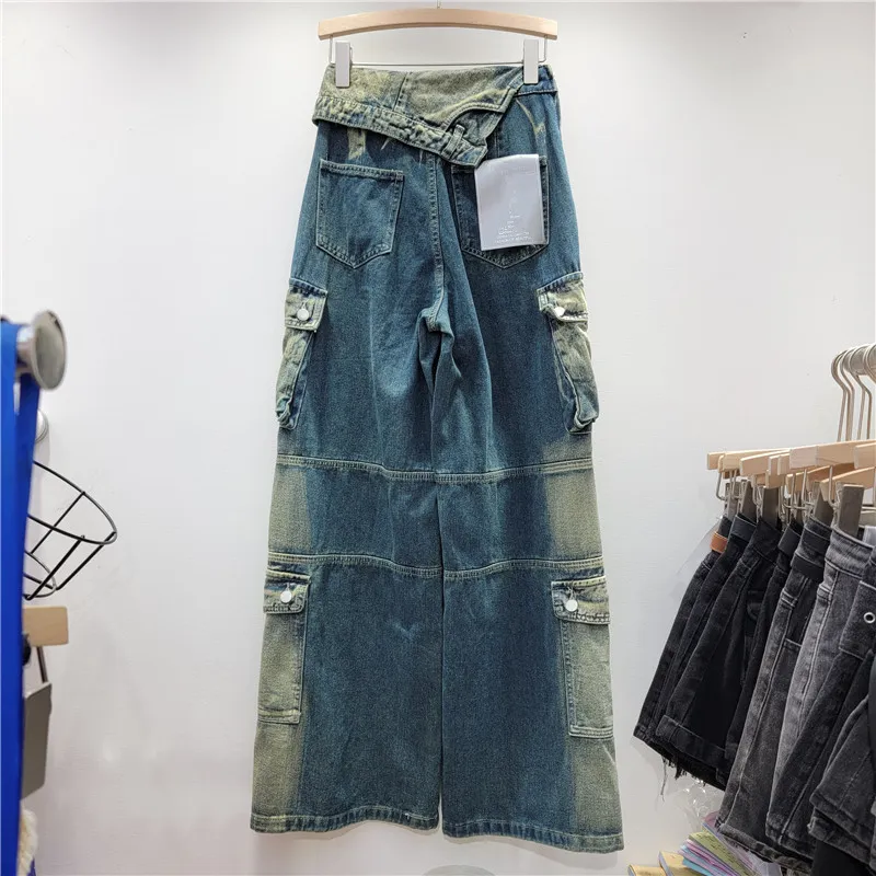 Spring Trendy High Waist Style Pocket Cargo Denim Straight Pants Women's Loose Slim Fit Wide Leg Trousers 4 Spring Trendy High Waist Style Pocket Cargo Denim Straight Pants Women's Loose Slim Fit Wide Leg Trousers - Image 2