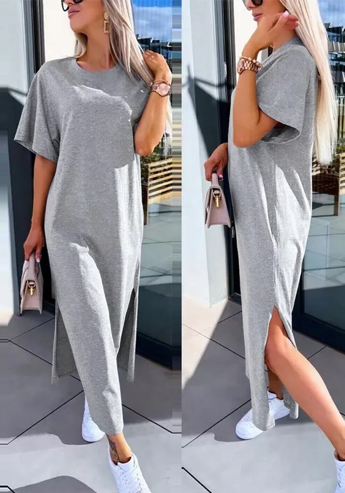 Solid Color Short-Sleeved Slit Casual Long Dress 6 Solid Color Short-Sleeved Slit Casual Long Dress - Image 4