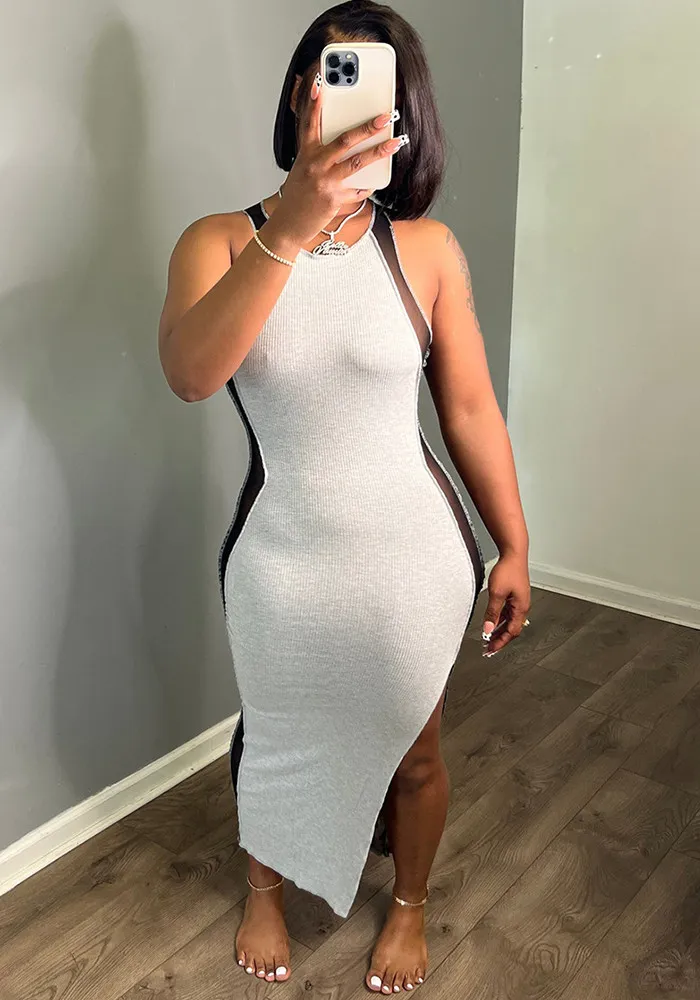 Women's Ribbed Patchwork Mesh Sleeveless Long Dress 8 Women's Ribbed Patchwork Mesh Sleeveless Long Dress - Image 6