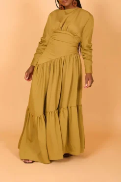 Women's Solid Color Long-Sleeved Pleated Loose Dress -Women Fashion Shop 90871a4934e37547
