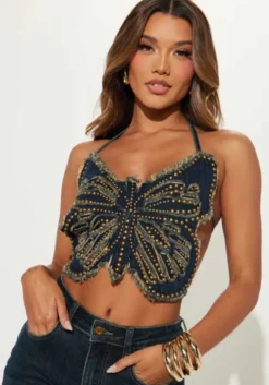 Women Summer Blue Butterfly Beaded Tassel Camisole Embroidered Lace-Up Crop Top -Women Fashion Shop 90a216cf2e943b17