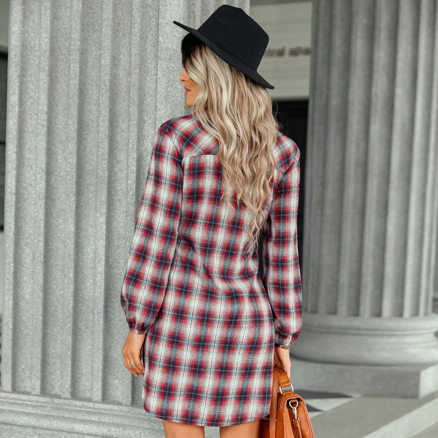 Women Fashion Plaid Lace-Up Shirt Dress 13 Women Fashion Plaid Lace-Up Shirt Dress - Image 11