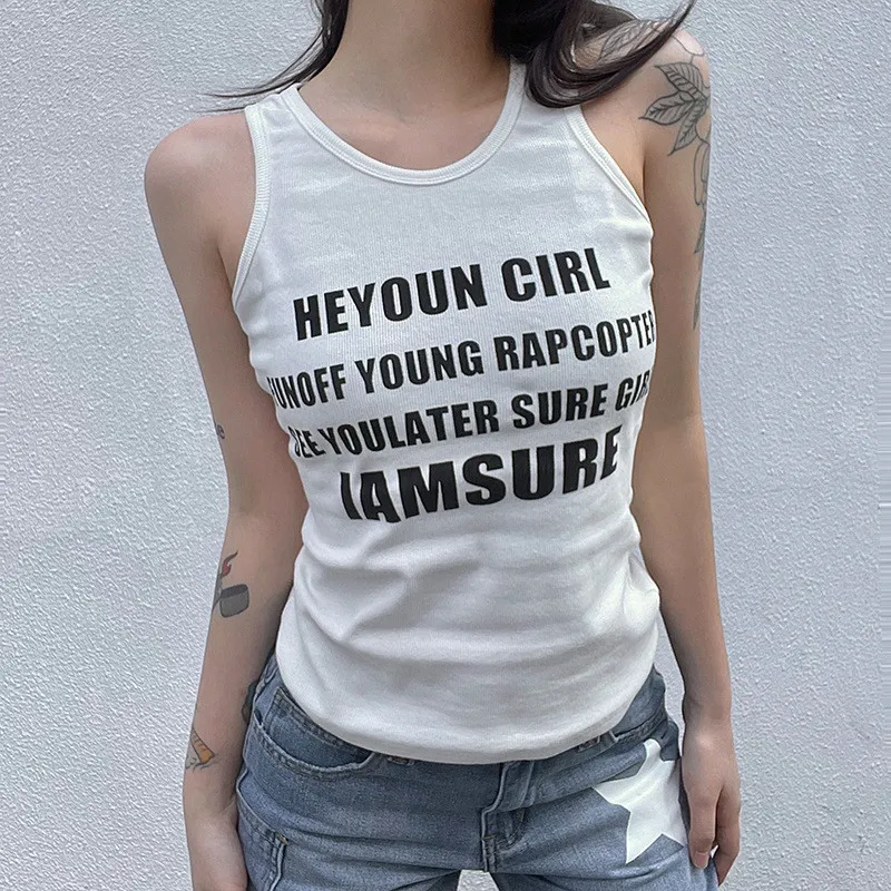Letter Print White Camisole Women Outdoor Wear Basic Pullover Round Neck Slim Fit Basic Top 8 Letter Print White Camisole Women Outdoor Wear Basic Pullover Round Neck Slim Fit Basic Top - Image 6