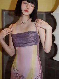 Summer Ink Painting Print Strap Long Dress -Women Fashion Shop 92a254f737ffaaad