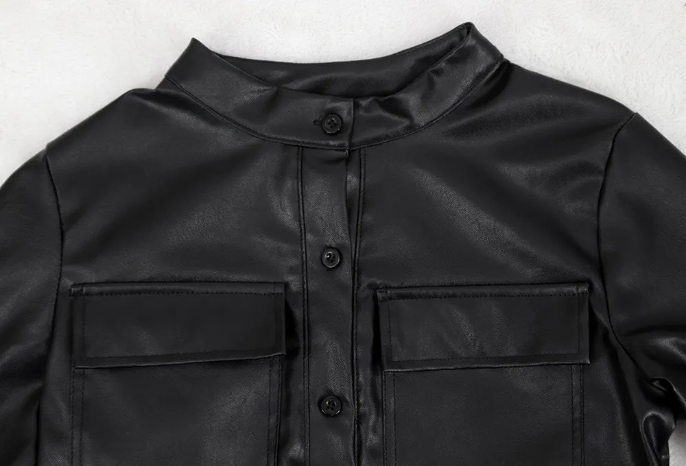 High Collar Solid Color Long Sleeve Loose Pu Dress 6 High Collar Solid Color Long Sleeve Loose Pu Dress - Image 4