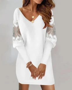Women V-neck Long Sleeve Printed Lace Patchwork Dress -Women Fashion Shop 935e9146632cc3e5