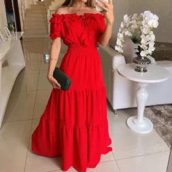 Spring Women's Fashion Chic Off Shoulder Short Sleeve A-Line Long Dress -Women Fashion Shop 93d74d0a6a5d4d60
