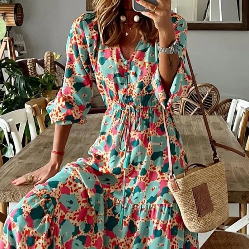Fall Women V-Neck Long Sleeve Printed Loose Maxi Dress 7 Fall Women V-Neck Long Sleeve Printed Loose Maxi Dress - Image 5