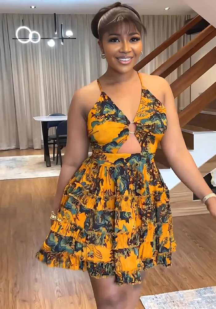 Women Deep V Sexy Camisole Ruffle Edge Print Backless Dress 8 Women Deep V Sexy Camisole Ruffle Edge Print Backless Dress - Image 6