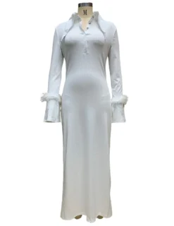 Women Turndown Collar Long Sleeve Feather Maxi Dress -Women Fashion Shop 948a732b944ba2e6