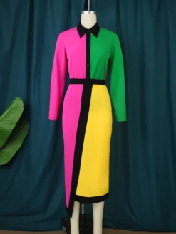 Women Color Block Long Sleeve Dress -Women Fashion Shop 94ae7694fc8b286c