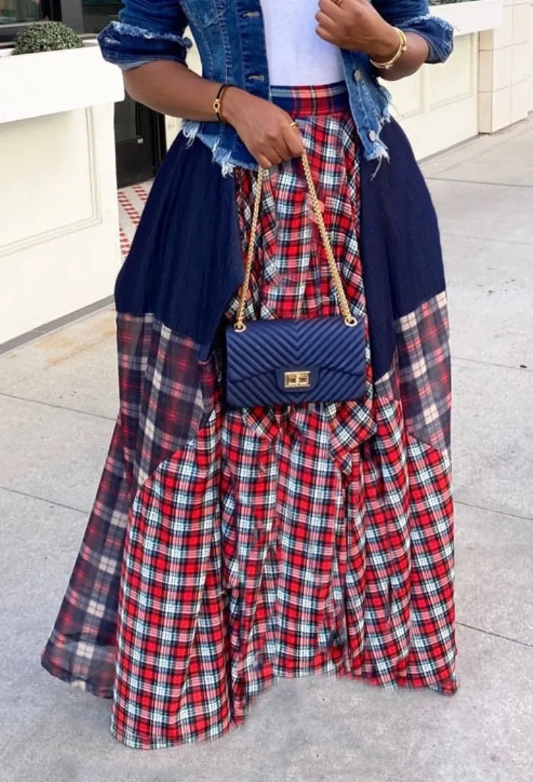 Summer High Waist Plaid Print Long Skrit 5 Summer High Waist Plaid Print Long Skrit - Image 3