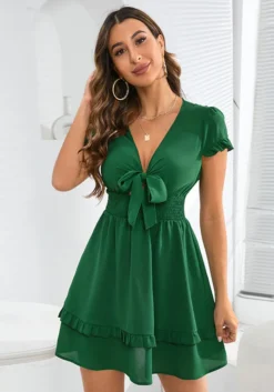 Summer Ladies Sexy Lace-Up Solid Color Short Sleeve Ruffled Casual Dress -Women Fashion Shop 954436b8b12aaed5