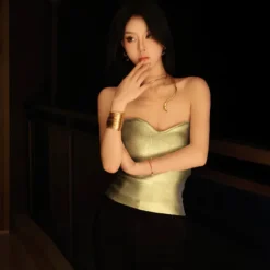 Women's Summer Solid Color Casual Strapless Crop Sleeveless Shiny Slim Vest Top -Women Fashion Shop 95bd39ee7fcf2ea0