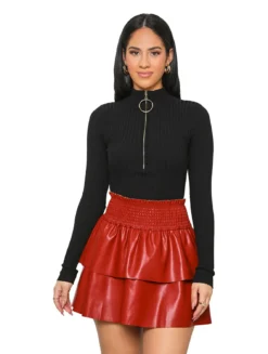 Ladies Fashion Sexy Pu Leather Pleated Double Layer Puffed Skirt -Women Fashion Shop 95c9f36b9533e25c