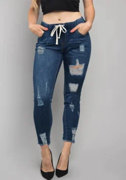 Women's Elastic Waist Ripped Denim Pants Women's Mid Rise Tie Slim Fit Stretch Tight Jeans -Women Fashion Shop 960182e40819292c