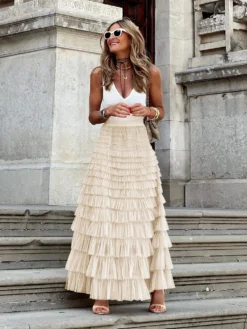 Autumn Women's Solid Color Chic Elegant High Waist A-Line Puff Mesh Long Skirt -Women Fashion Shop 976cc12dbf136531