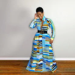 Women Irregular Print Turndown Collar Long Sleeve Maxi Dress -Women Fashion Shop 97892541a328564a