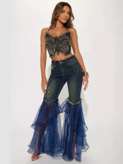 Women Summer Blue Butterfly Beaded Tassel Camisole Embroidered Lace-Up Crop Top -Women Fashion Shop 9897dec36e856b6b