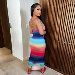 Women Clothes Rainbow Stripe Print Slit Slim Waist Strap Long Dress -Women Fashion Shop 9950bf3c9956f0f8