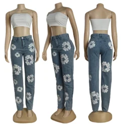 Women's Casual High Waisted Light Blue Printed Denim Pants -Women Fashion Shop 9984a703b5cef073