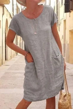 Women Summer Loose Pocket Short Sleeve Round Neck Linen Dress -Women Fashion Shop 99f3627aef499d1b