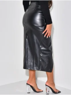 Women's Chic Pu Leatherwinter And Spring High Waist Slit Irregular Versatile Midi Skirt -Women Fashion Shop 99f6428f12376c4c