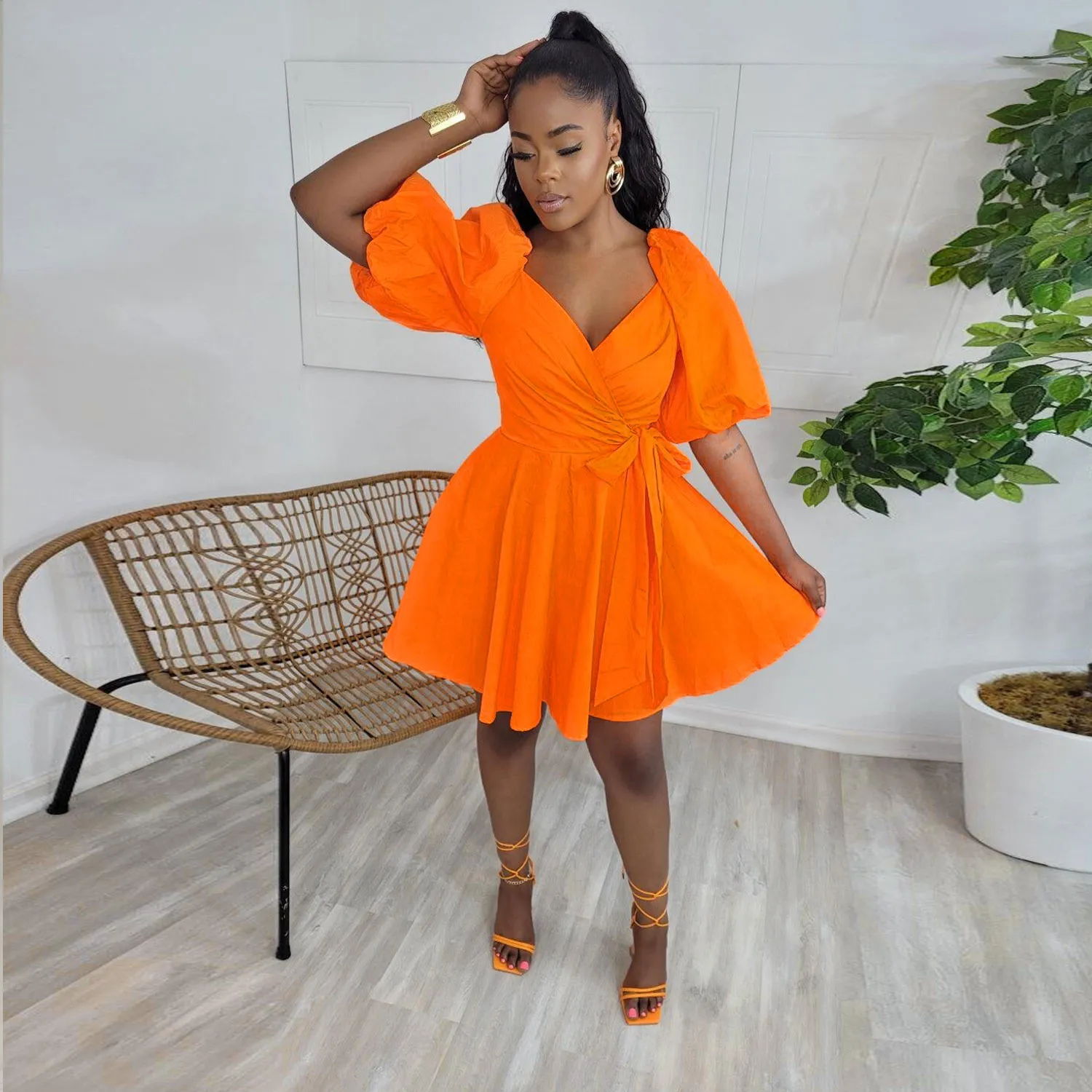 Women Puff Sleeve V-Neck Dress 7 Women Puff Sleeve V-Neck Dress - Image 5