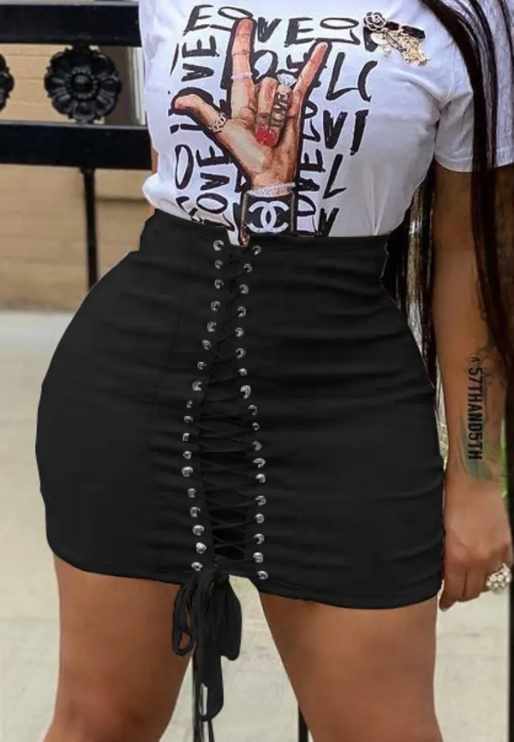 Summer Black Lace-Up High Waist Tight Mini Skirt 4 Summer Black Lace-Up High Waist Tight Mini Skirt - Image 2