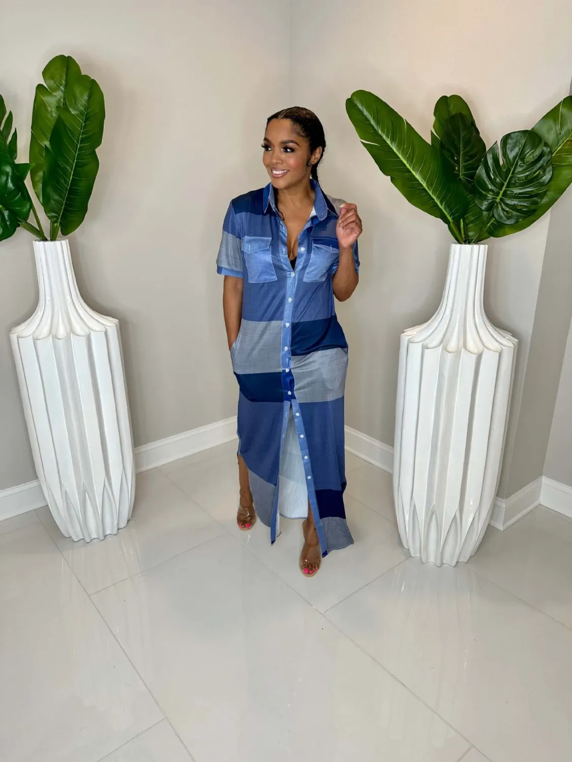 Women's Contrast Plaid Slit Button-Down Turndown Collar Shirt Dress 8 Women's Contrast Plaid Slit Button-Down Turndown Collar Shirt Dress - Image 6