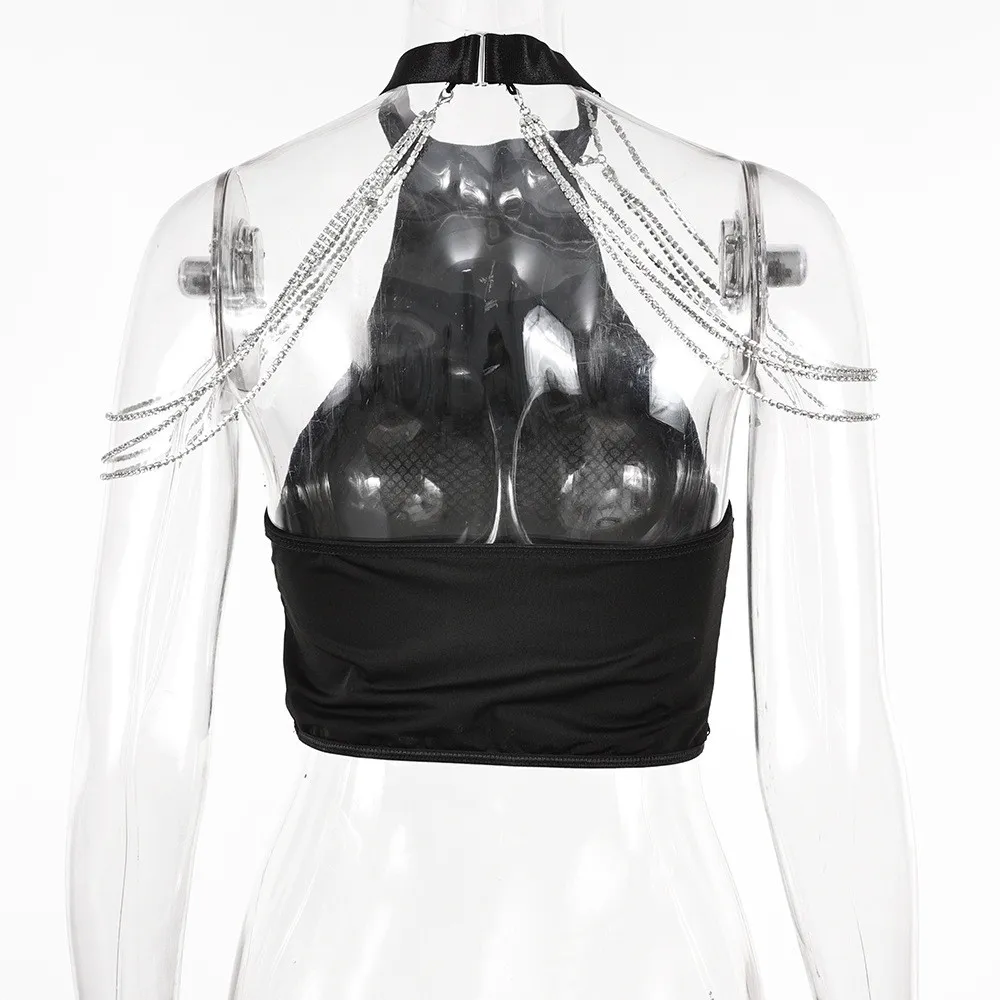 Women Sexy Halter Neck Metal Rhinestone Chain Crop Top 9 Women Sexy Halter Neck Metal Rhinestone Chain Crop Top - Image 7