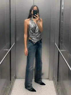 Women Style Sleeveless French Sexy Backless Halter Neck Sequins Top -Women Fashion Shop 9d2eaa98e5b2702a