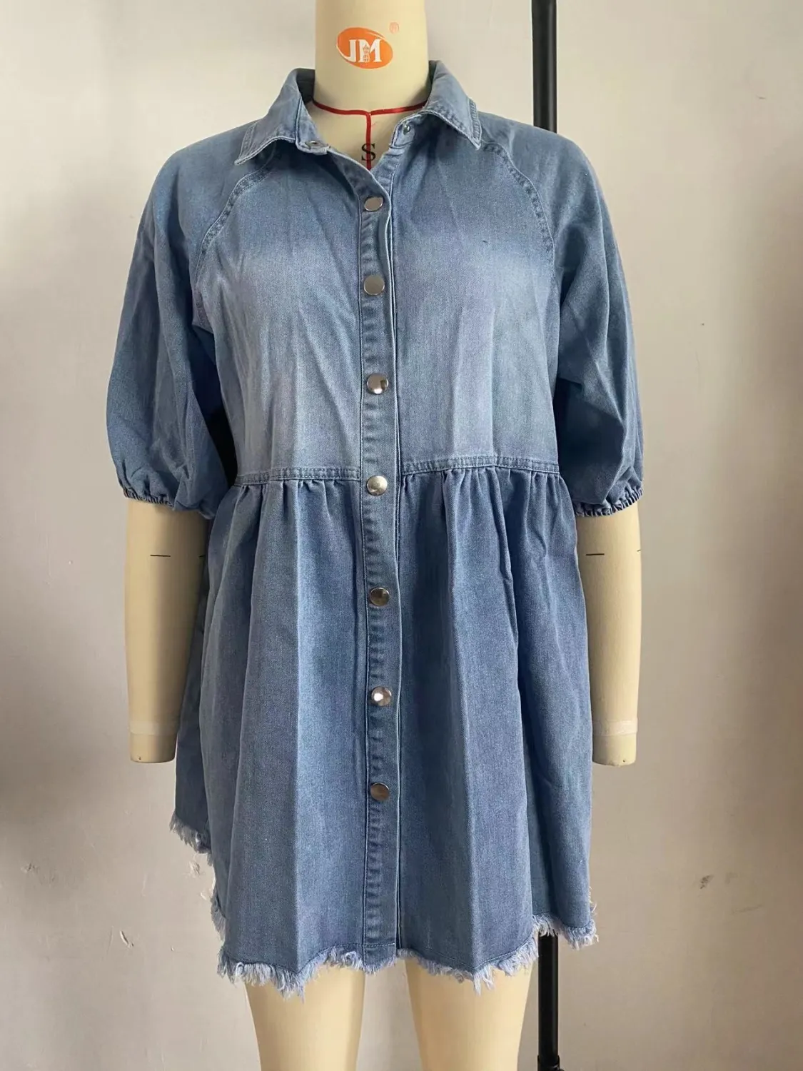 Women Casual Turndown Collar Short Sleeve Denim Shirt Dress 6 Women Casual Turndown Collar Short Sleeve Denim Shirt Dress - Image 4