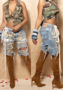 Women Colorful Hand Print Ripped Denim Shorts -Women Fashion Shop 9dd83cdfab7deba5